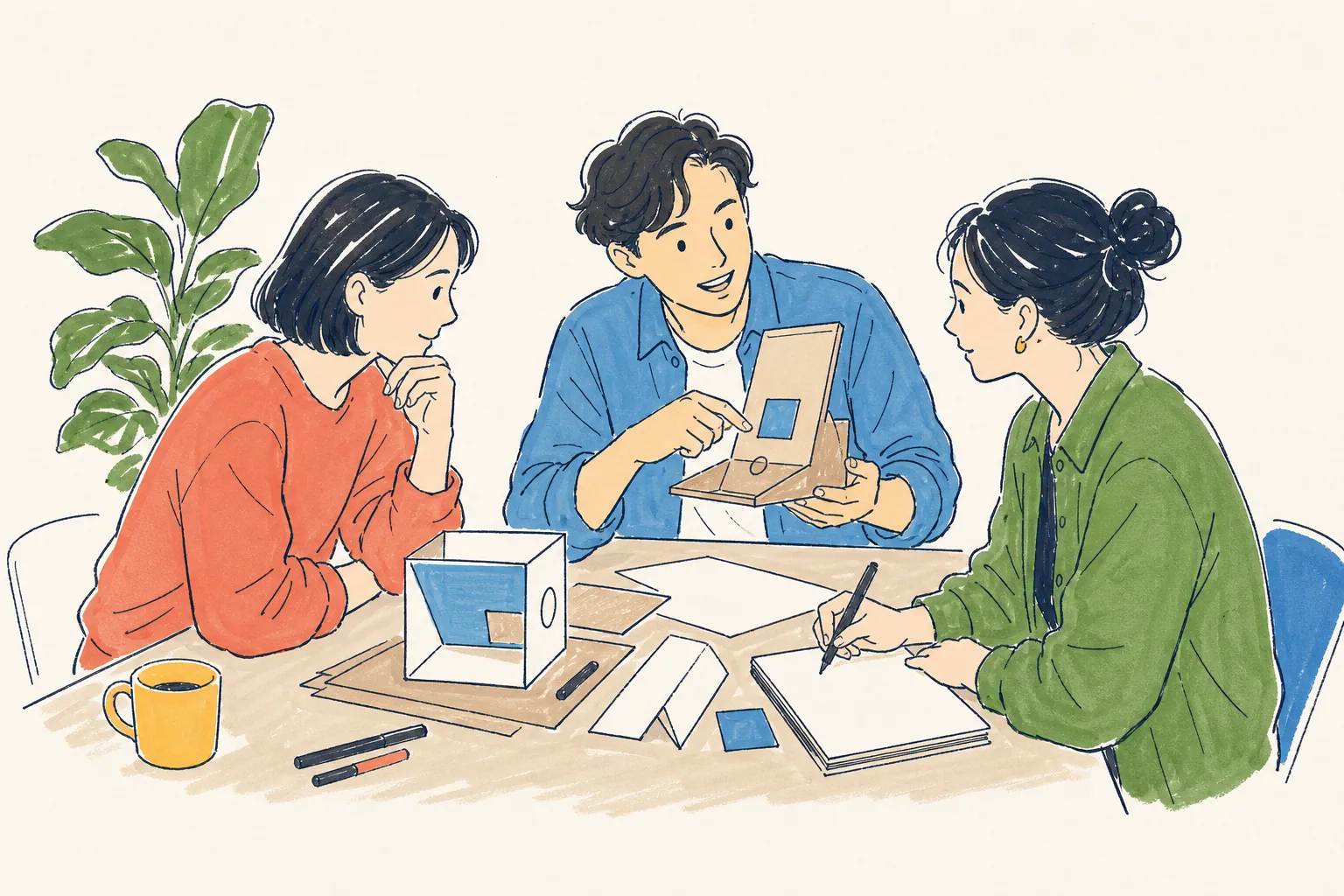 簡易な試作品を囲み、小さな検証を行う社員たち