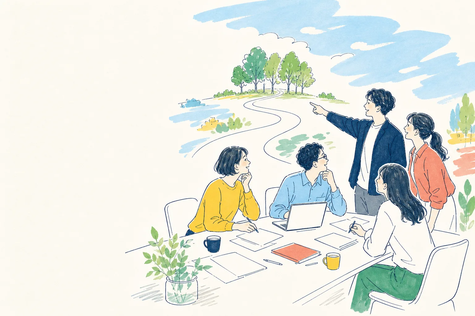 チームで話し合いながら未来へ続く道を見つめる社員たち